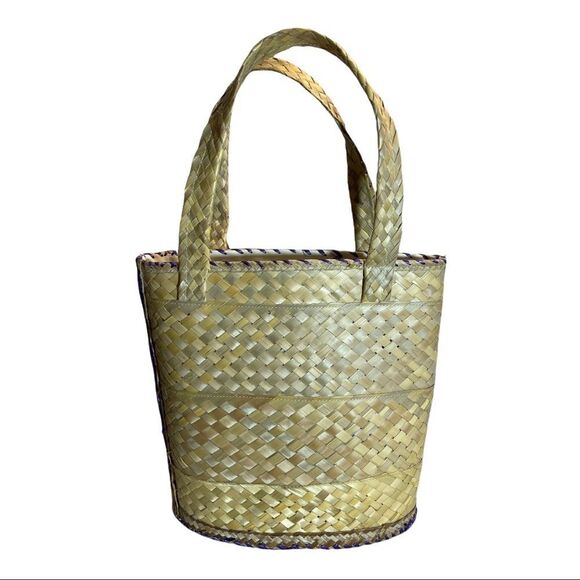Vintage 1960s or 1970s Straw and Raffia Handbag or Small Tote Floral Beachy - Picture 2 of 16